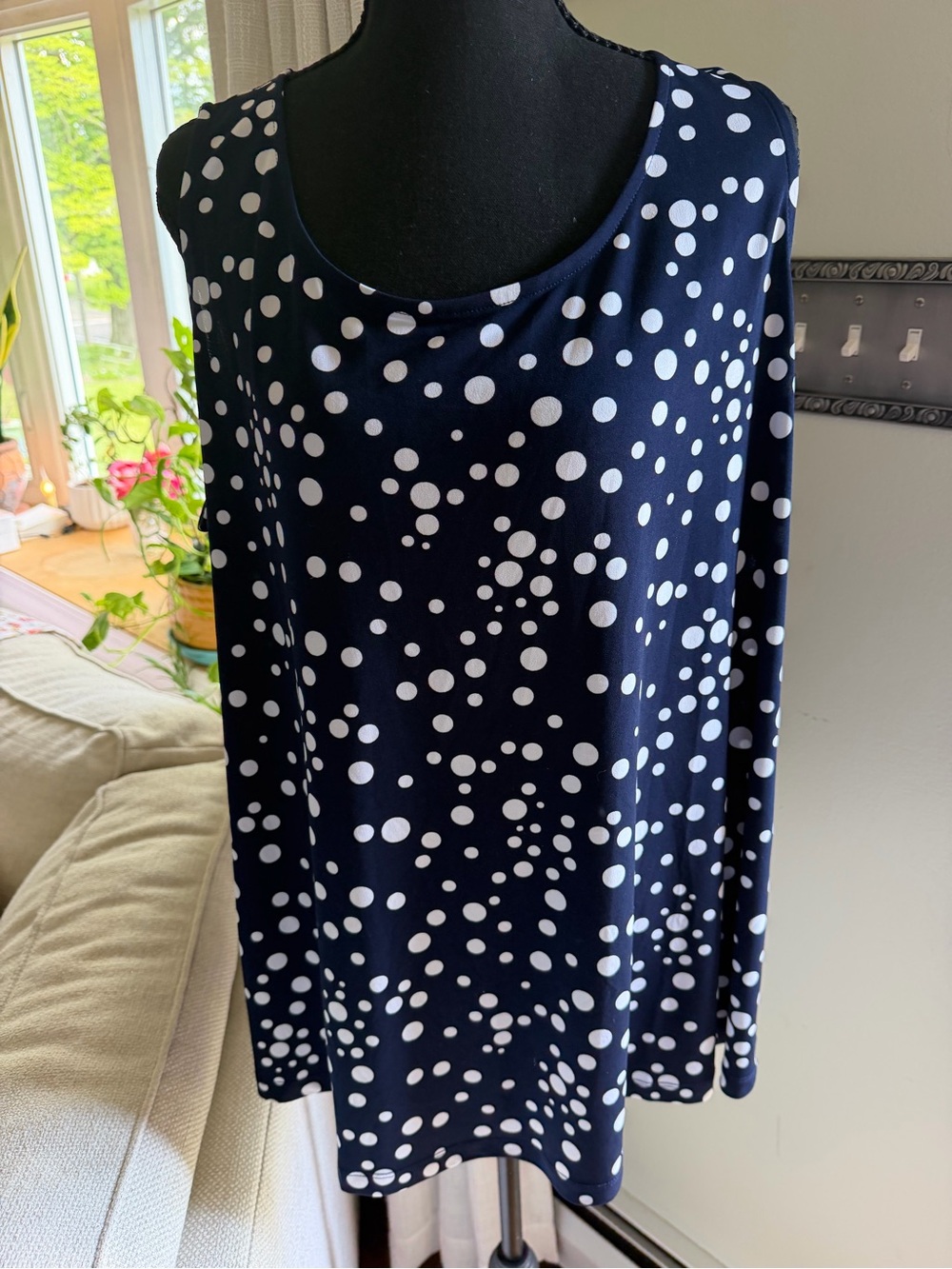 Susan Graver Navy and White Polka Dot Long Sleeve Tee NWOT